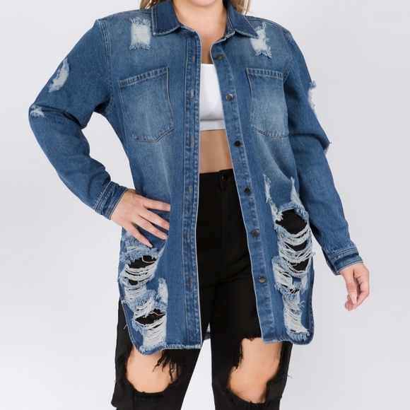 #219 FINAL PRICE 🛑S,M,L Long Length DISTRESSED DENIM JACKET TOP - Picture 5 of 9
